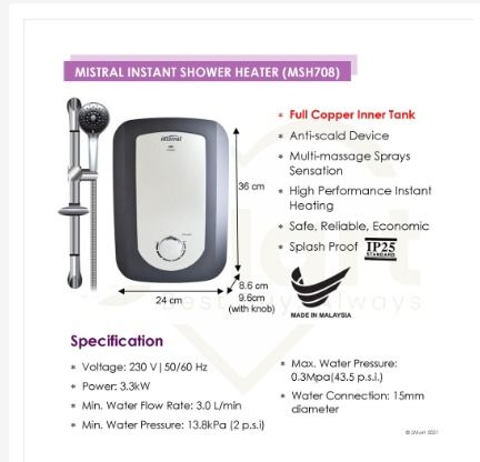 Mistral Copper Inner Tank Instant Shower Heater [MSH708] *Installation  Available* STR2334, TV u0026 Home Appliances, Water Heater u0026 Instant Showers on  Carousell