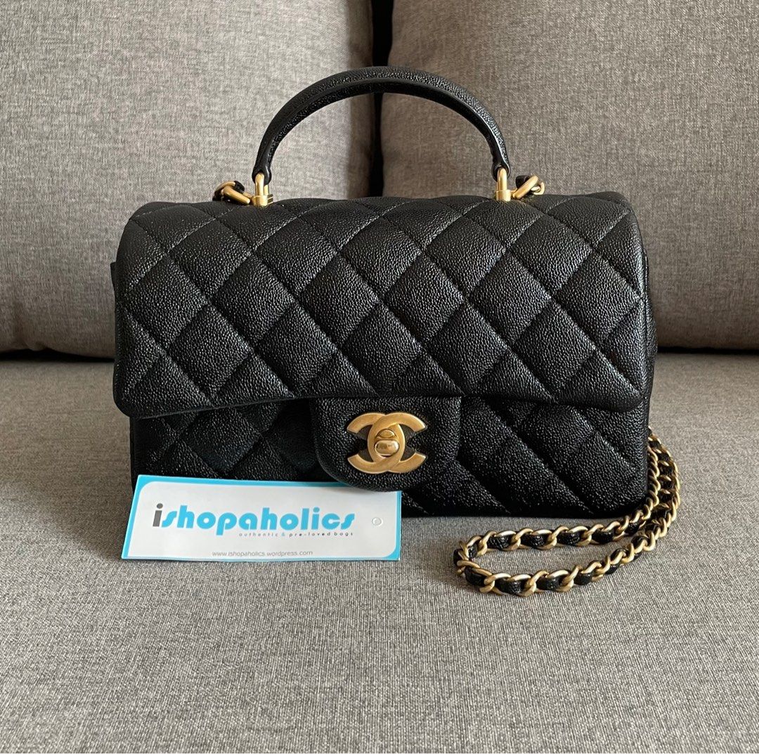 Chanel Mini Rectangular with top handle 21S Beige Quilted Caviar
