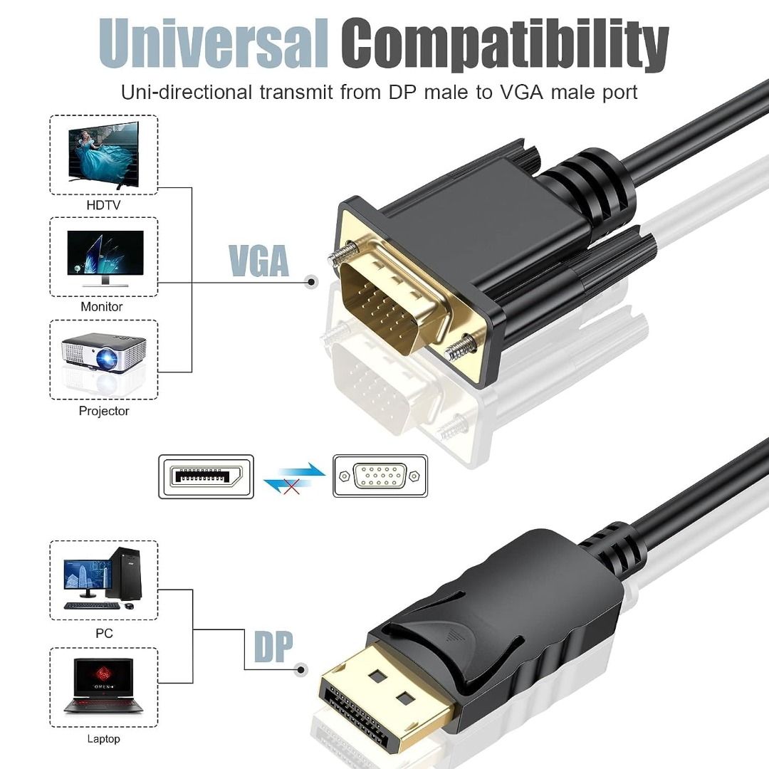 BENFEI DisplayPort to VGA 6 Feet Cable, Uni-Directional DP DisplayPort  Computer to VGA Monitor Cable Male to Male Gold-Plated Cord Compatible with  Lenovo, Dell, HP, ASUS and Other Brand 