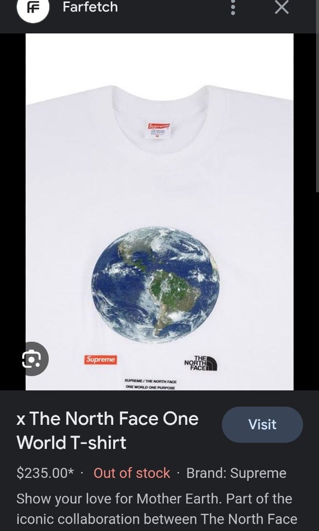 Supreme x The North Face one world tee, Men's Fashion, Tops & Sets
