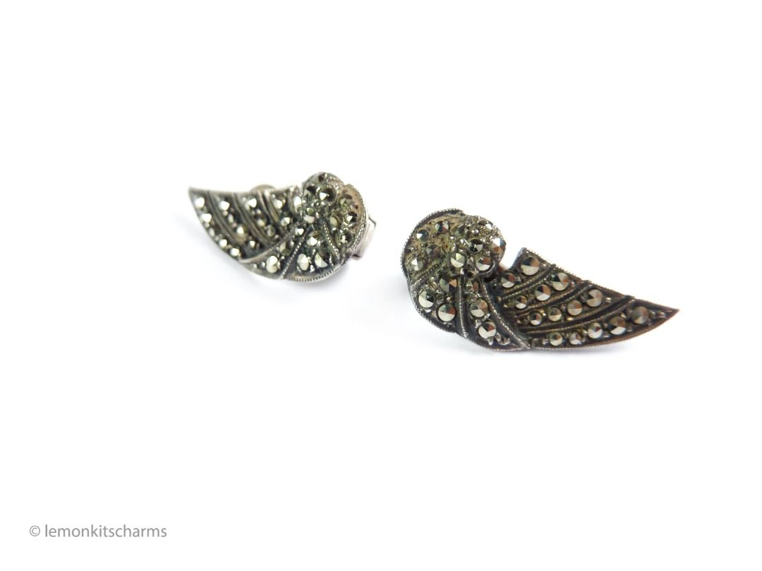 Vintage 1950s Marcasite Silver Winged Clip Earrings er2288 c