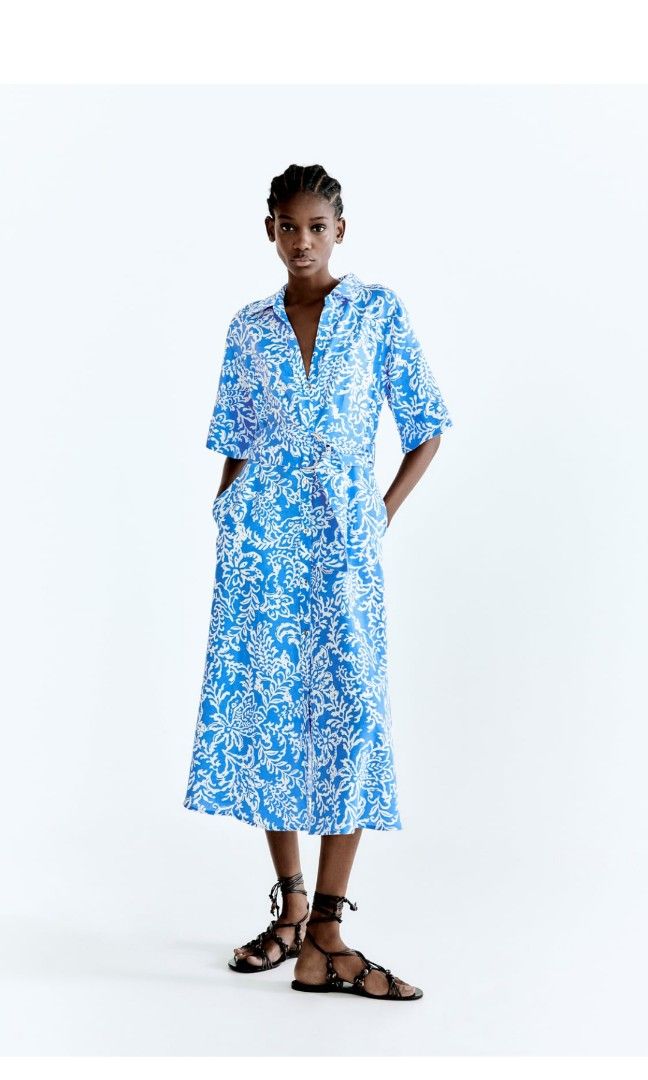 Blue linen hot sale dress zara