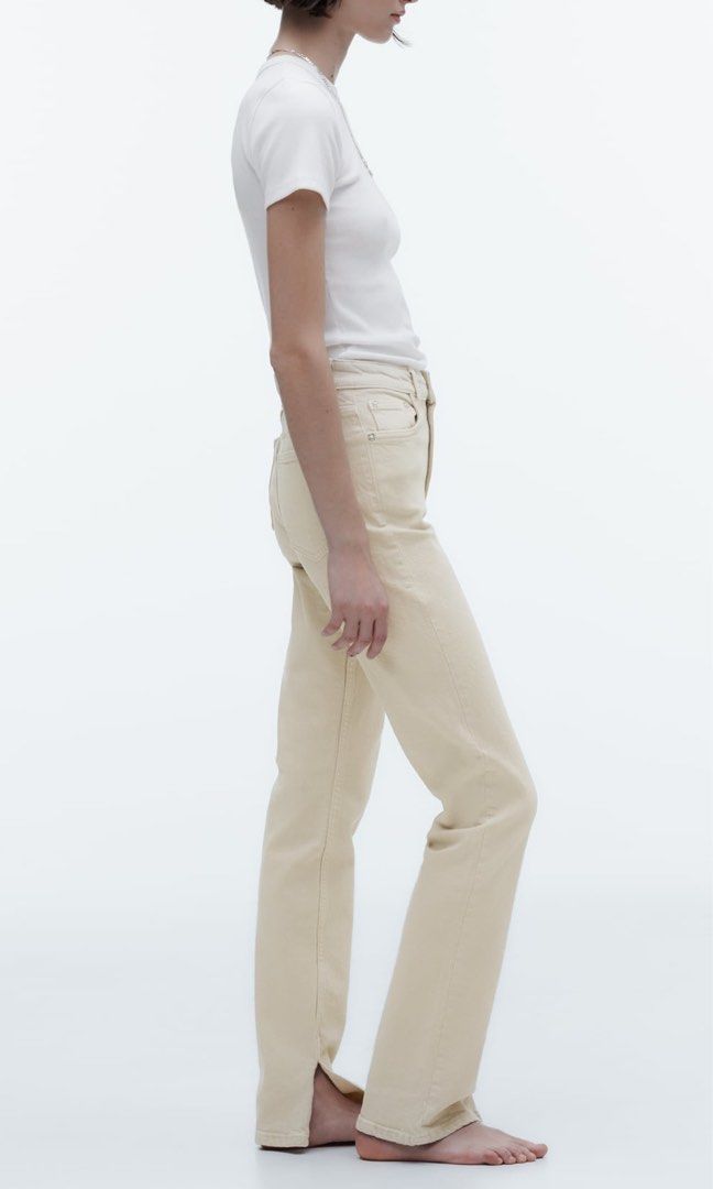 HIGH-RISE SLIM FIT SPLIT TRF JEANS - Sand