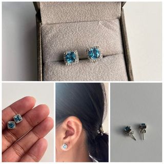 14K White Gold Princess Cut Aquamarine Diamond Earrings