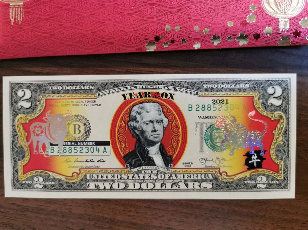 2021 U.S. Mommemorative Bank Note/Lucky Money~牛年US$2 美元面額紀念鈔, 興趣及遊戲,  收藏品及紀念品, 錢幣- Carousell
