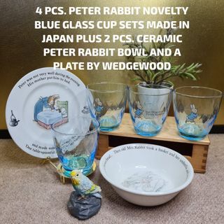 4 PCS. PETER RABBIT NOVELTY BLUE GLASS CUP SETS MADE IN JAPAN PLUS 2 PCS. CERAMIC PETER RABBIT BOWL AND A PLATE BY WEDGEWOOD
