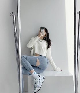 歐美前後割破高腰彈力緊身牛仔褲 S