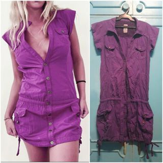 Trendy 90’s / Y2K Bershka Purple Collared Button Down Drawstring Mini Cargo Dress with 4 Front Pockets