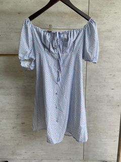 BNWT Blue sunflower flower red dress mini puff sleeve button tie