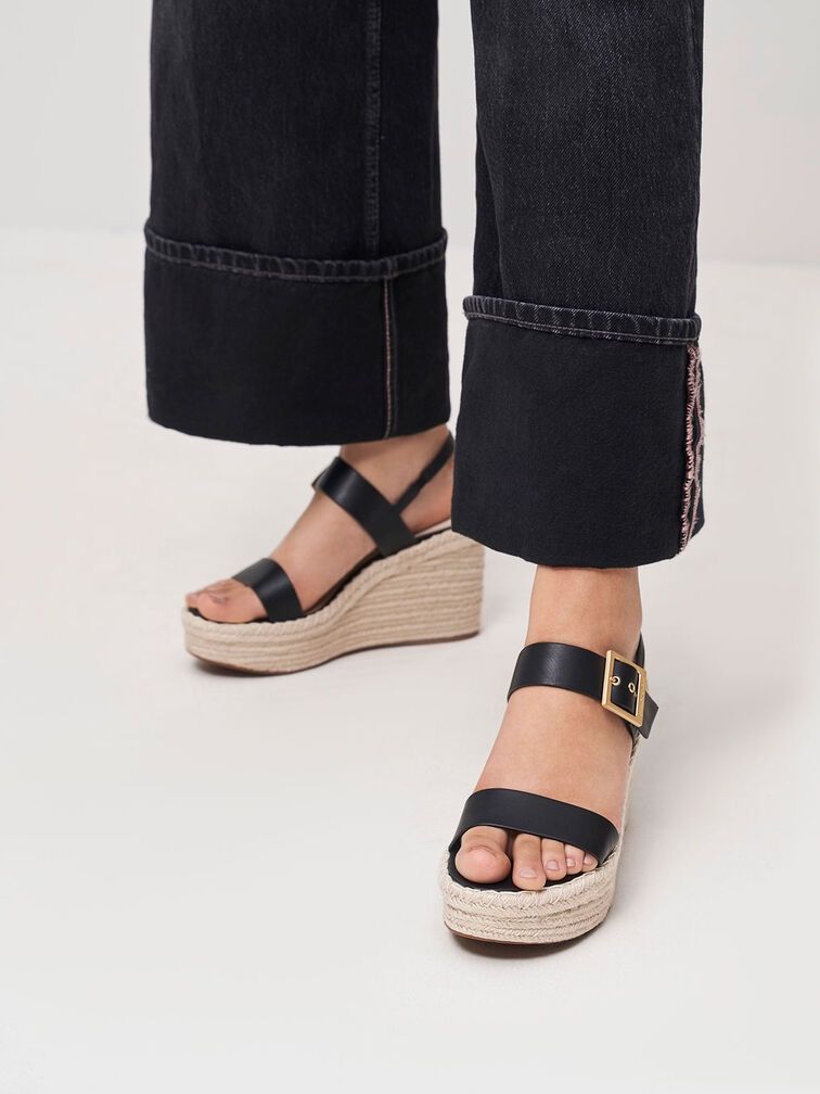 Buckled Espadrille Wedges Black, Women's Fashion, Footwear