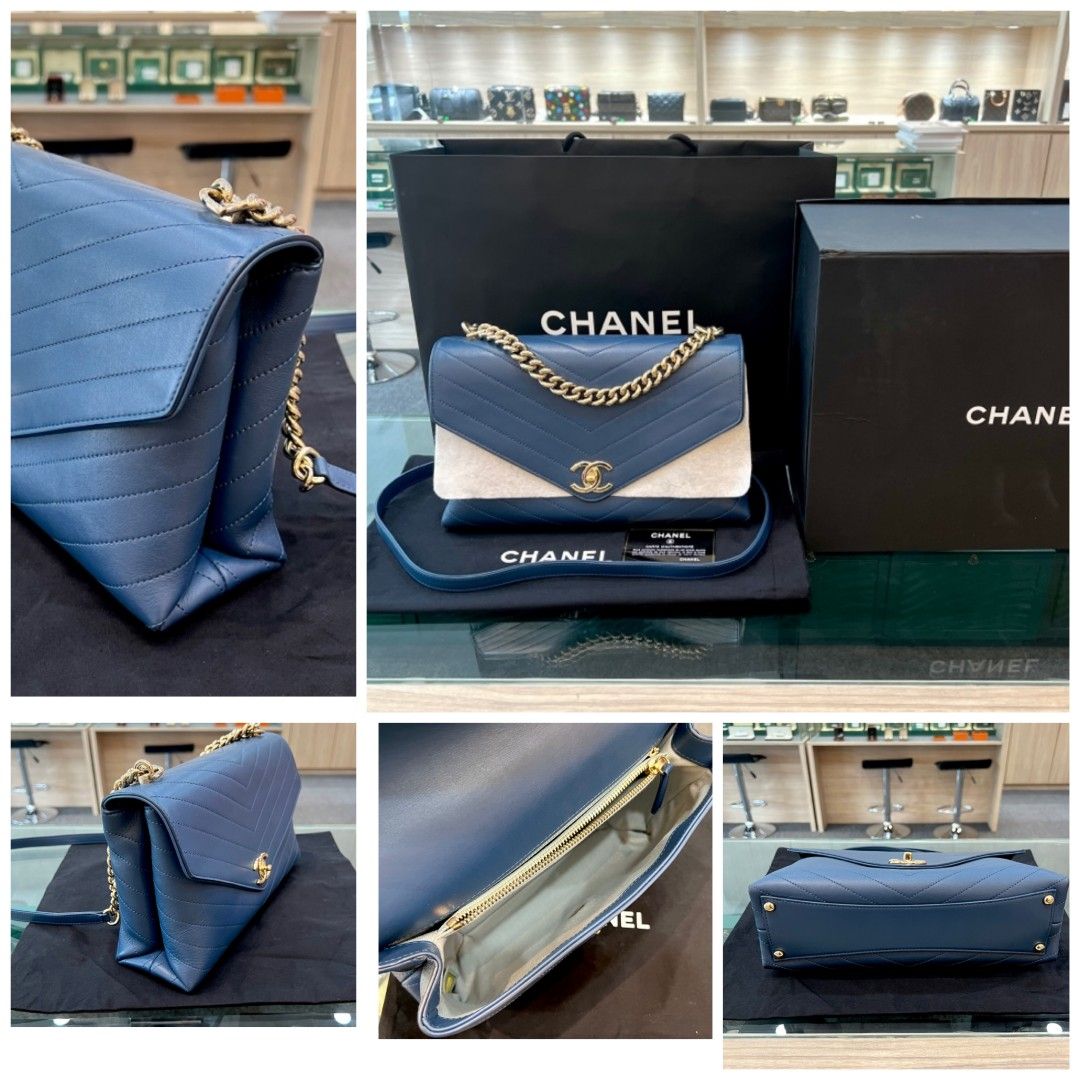 CHANEL Calfskin Chevron Blue Flap Bag GHW, Luxury, Bags & Wallets