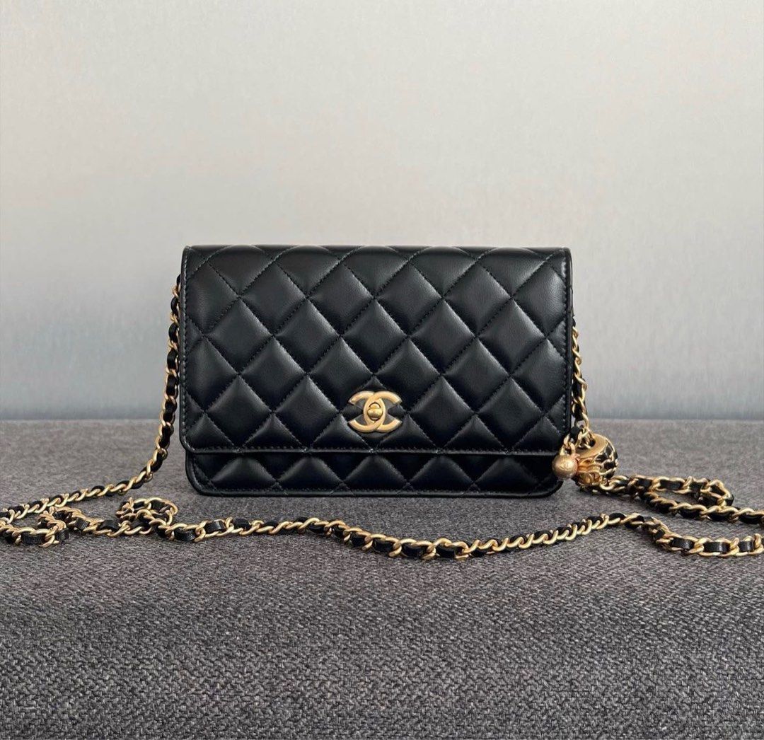 CHANEL Lambskin Quilted CC Pearl Crush Wallet on Chain WOC Black 1300137