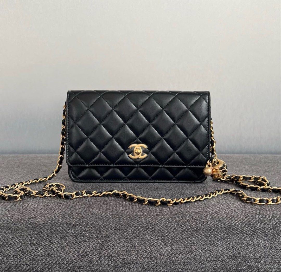 Chanel Black Quilted Lambskin Pearl Crush Wallet On Chain WOC Gold