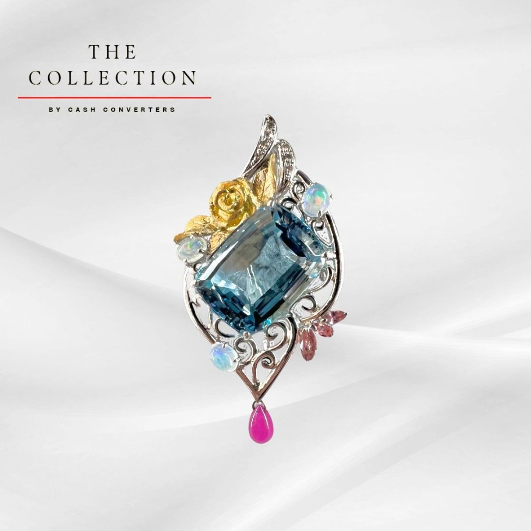 CT Aquamarine Brooch Pendant With Ruby And Padparadscha Sapphire