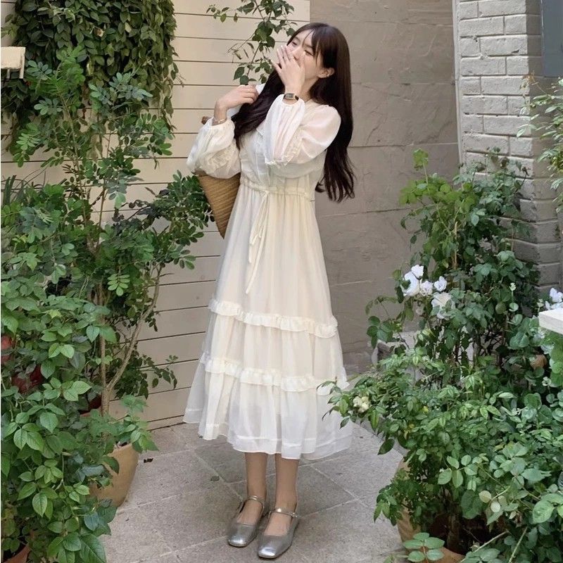 dress korea tempramen renda putih maxi dress fashion dress wanita party