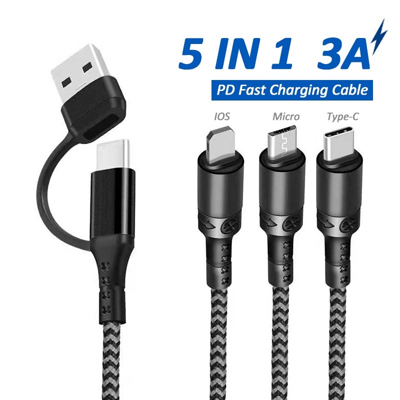 Fast USB Cable 5 in 1 USB Cable 3A PD Fast Charging Quick charging 2