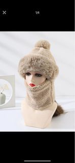 Fluffy Pompom Hat with Infinity Scarf Winter Scarf