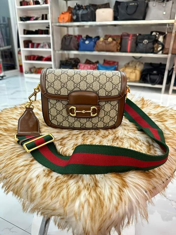 GUCCI Horsebit 1955 leather-trimmed printed coated-canvas shoulder bag