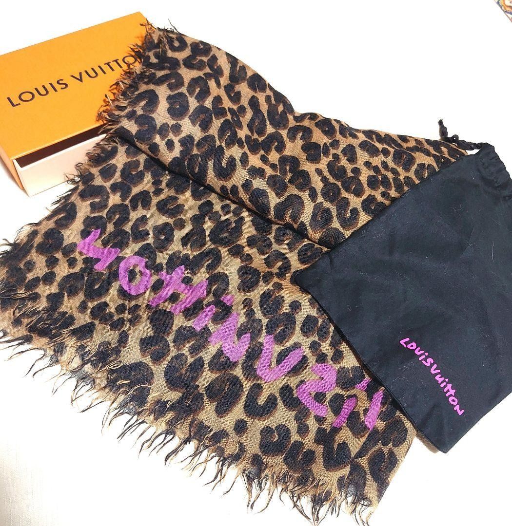 LOUIS VUITTON Cashmere Silk Leopard Stole Blue 107664