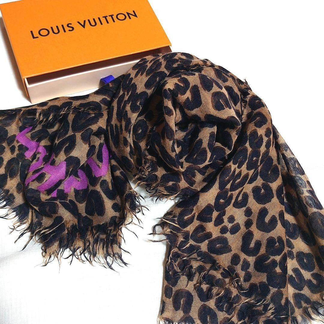 LOUIS VUITTON Cashmere Silk Leopard Stole Blue 107664