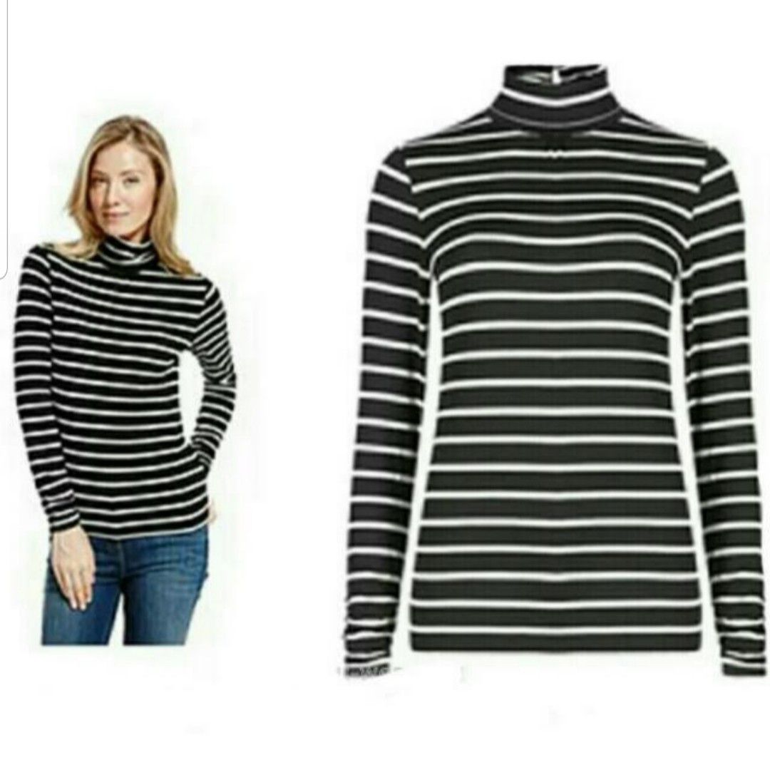 M S Marks And Spencer Long Sleeve Striped Turtleneck Top UK Sz 12 14