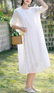 Muji organic natural ramie cotton linen fabric long white dress