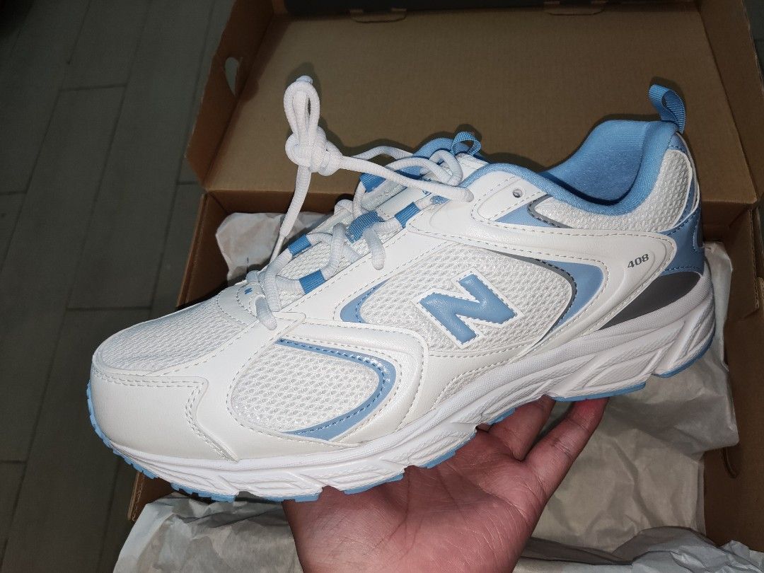 new balance 408 trainers in white and light blue