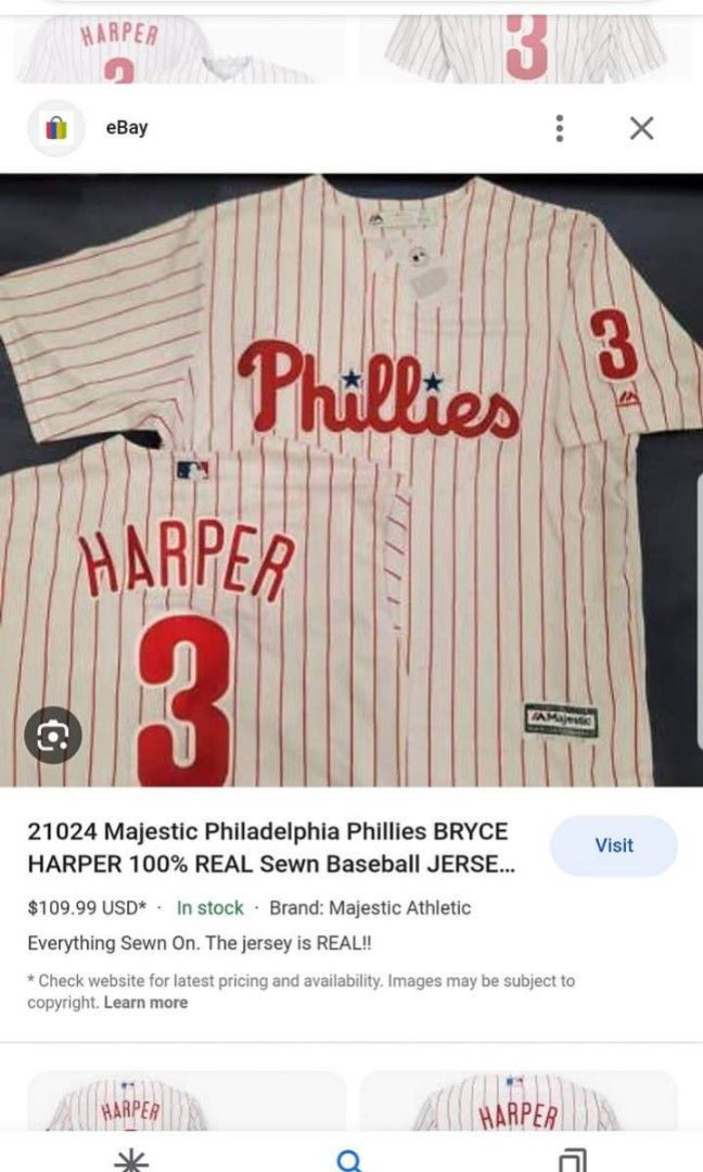 21024 Majestic Philadelphia Phillies BRYCE HARPER 100% REAL Sewn Baseball  JERSEY