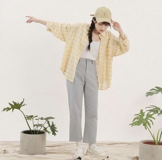 QueenShop斜紋布高腰直筒丹寧褲-藍L