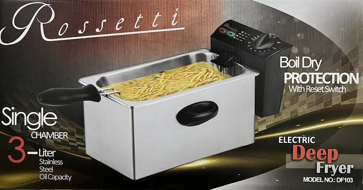Rossetti Electric Deep Fryer (Category: Fryers) located in Manila. Submitted by houseofpucci (Listing ID 1253506510, Image 2). Description: * 3 liter capacity oil container * Boil dry protection with reset switch * With see through glass lid window *Foldable frying pan basket handle * With cord storage facility * Detachable parts and accessories for easy cleaning * Dimensions: 595×230×268mm *Voltage:230v a.c. 60Hz * Power 2000W * Weight 2.5kg.