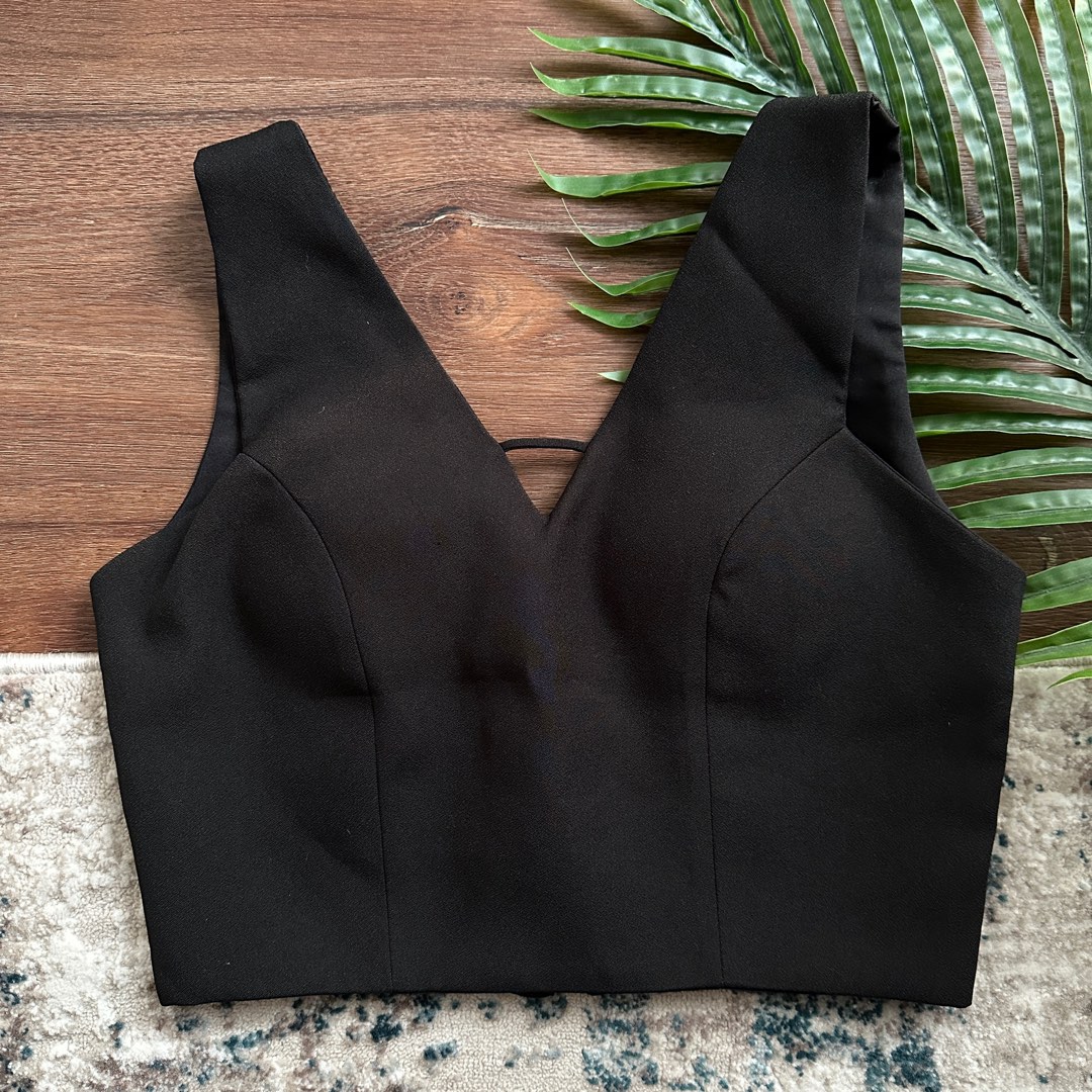 S Black V Neck Crop Top with Back Zipper Women s Fashion Tops