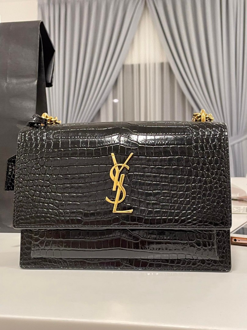 Authentic YSL Saint Laurent Sunset Croc Bag Gray Medium, Luxury, Bags &  Wallets on Carousell