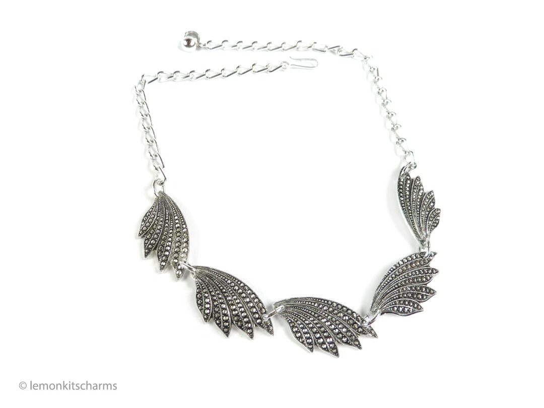 Vintage 1950s Eloxal Winged Faux Marcasite Necklace nk1410 c