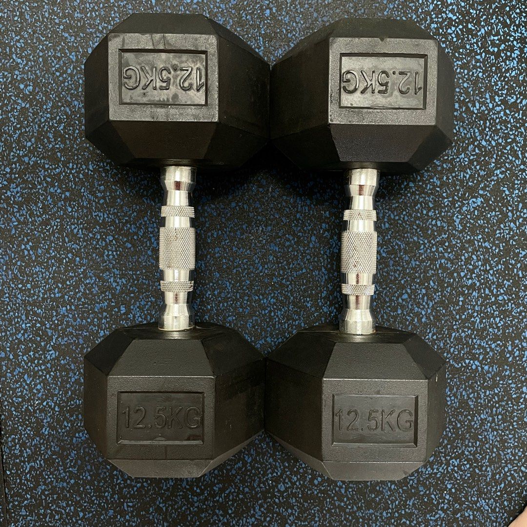 12.5kg Hexagon Rubber Coated Dumbbell Workout Equipment (One Pair, 25kg in  total), Sports Equipment, Exercise & Fitness, Weights & Dumbells on  Carousell