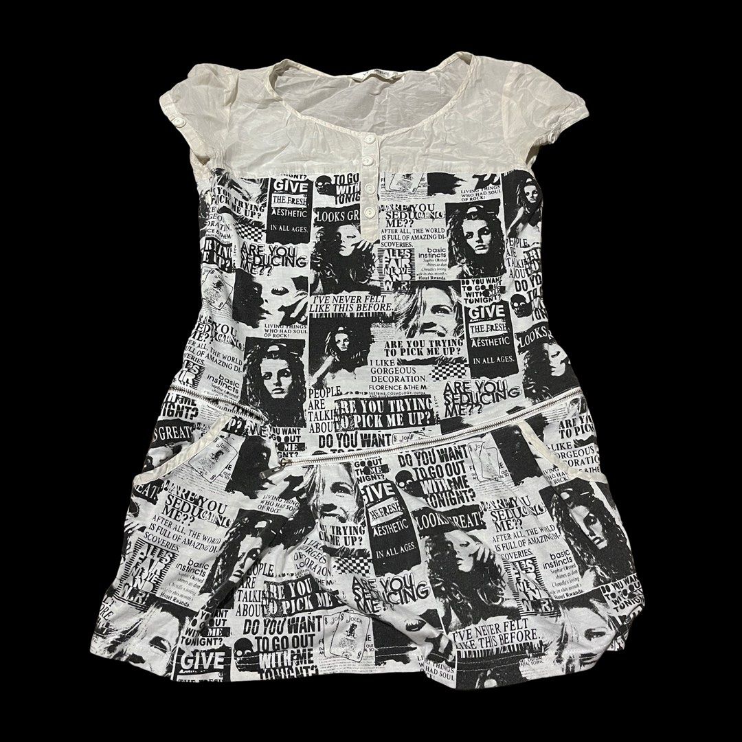 2000s NEWSPAPER GRAPHIC BLOUSE (Category: Blouses) located in Manila. Submitted by unclelettern (Listing ID 1253552201, Image 1). Description: fits S-M CONDITION: maganda siya over pants parang dress over pants na siya sakin! may mga sirang part lang, yung sa likod minimal lang tapos yung sa may underarm part medyo malaki pero kaya tahiin! super cute if tinatamad ka pumorma pero gusto mo parin japorms ka .