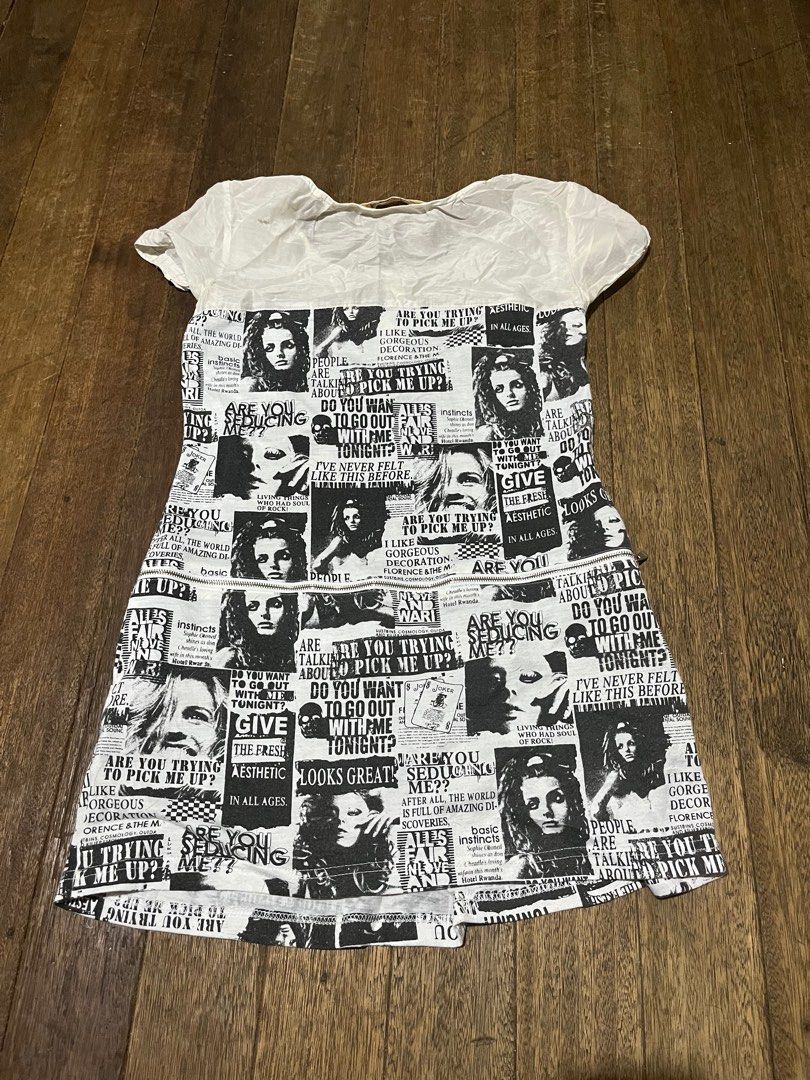 2000s NEWSPAPER GRAPHIC BLOUSE (Category: Blouses) located in Manila. Submitted by unclelettern (Listing ID 1253552201, Image 2). Description: fits S-M CONDITION: maganda siya over pants parang dress over pants na siya sakin! may mga sirang part lang, yung sa likod minimal lang tapos yung sa may underarm part medyo malaki pero kaya tahiin! super cute if tinatamad ka pumorma pero gusto mo parin japorms ka .