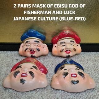 2 PAIRS MASK OF EBISU GOD OF FISHERMAN AND LUCK JAPANESE CULTURE (BLUE-RED)
