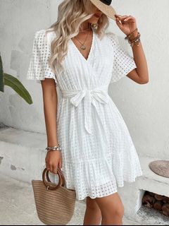 Butterfly Sleeve Ruffle Hem Belted Dress斯文裙 dress 番工裙 白裙 婚禮 連身裙 SHEIN VCAY 蝴蝶袖荷葉邊繫腰帶洋裝 M size 全新