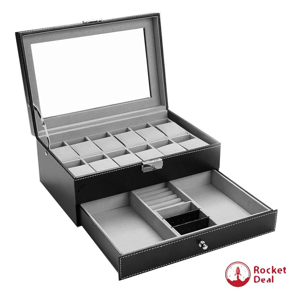 AUTOARK Leather 12 Watch Box with Jewelry Display Drawer Lockable