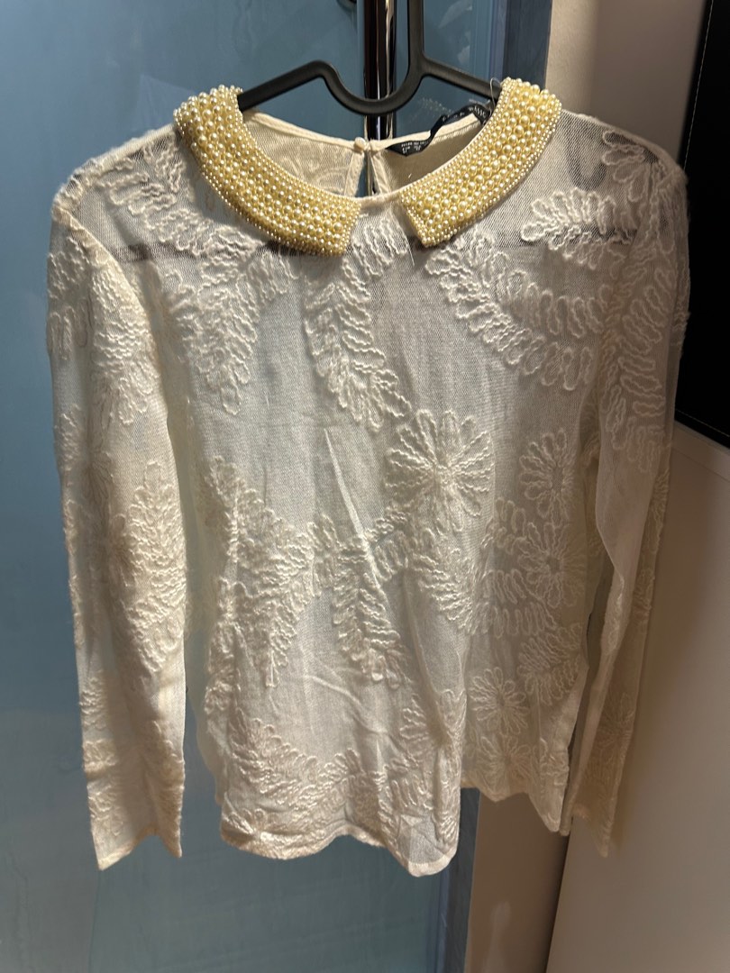 Zara Lace Blouse with pearls, Women's Fashion, Tops, Blouses on Carousell