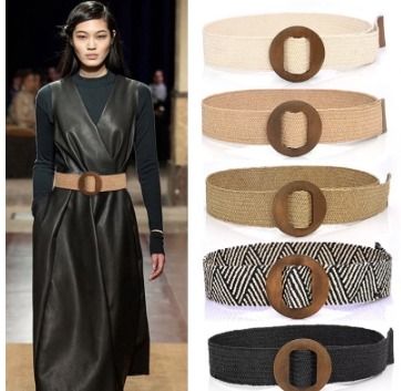 Boho Style Women s Elastic Waist Belt Dress Belt with Wooden Buckle made of Straw and Woven Polyester Wide and Stret ML1657