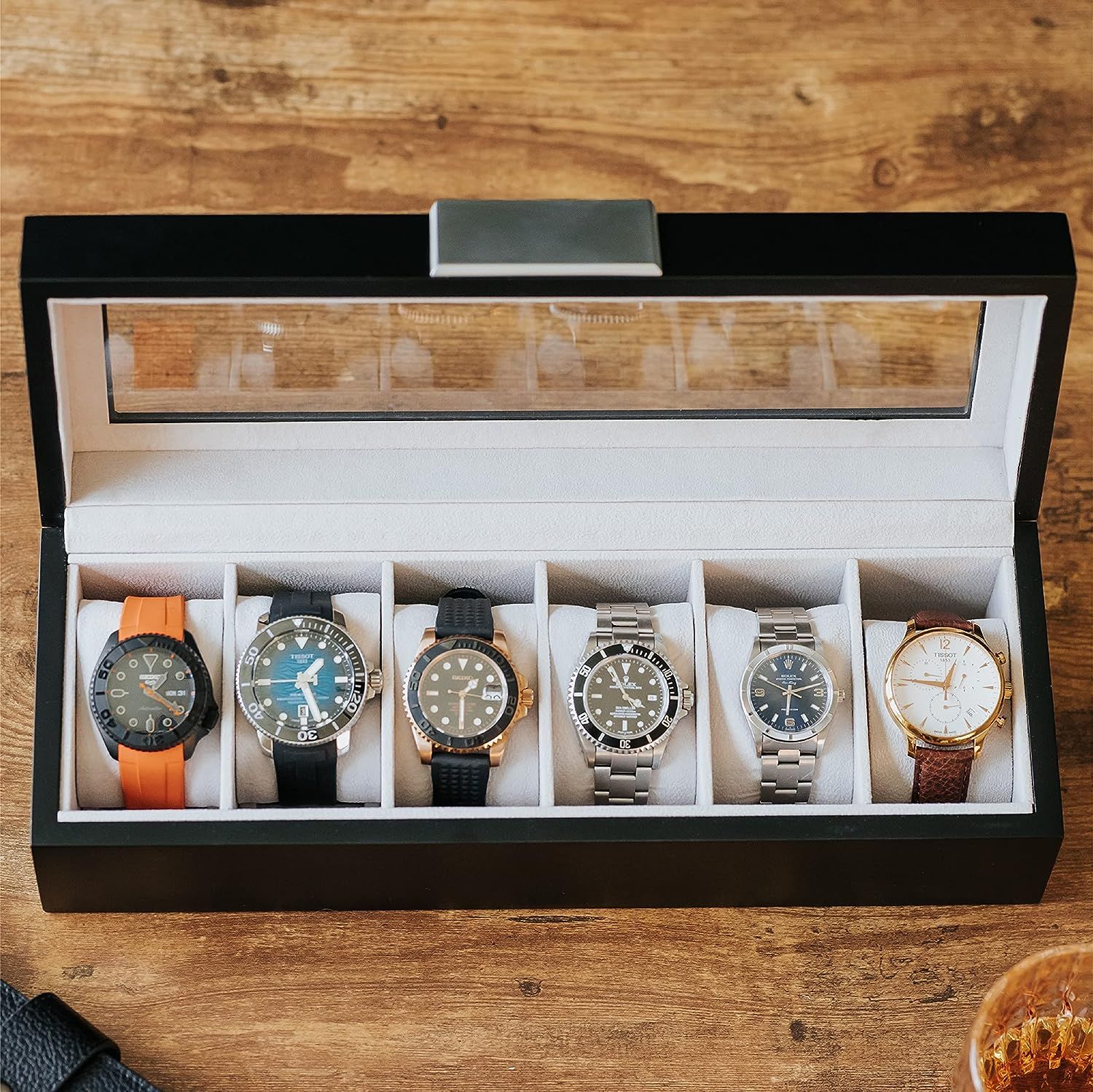 CASE ELEGANCE Modern 6 Slot Wooden Watch Box with Metal Clip and Real Glass Black