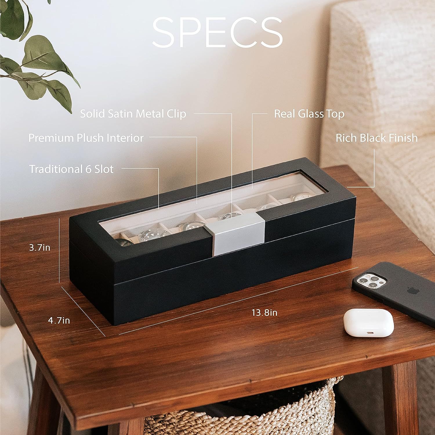 CASE ELEGANCE Modern 6 Slot Wooden Watch Box with Metal Clip and Real Glass Black