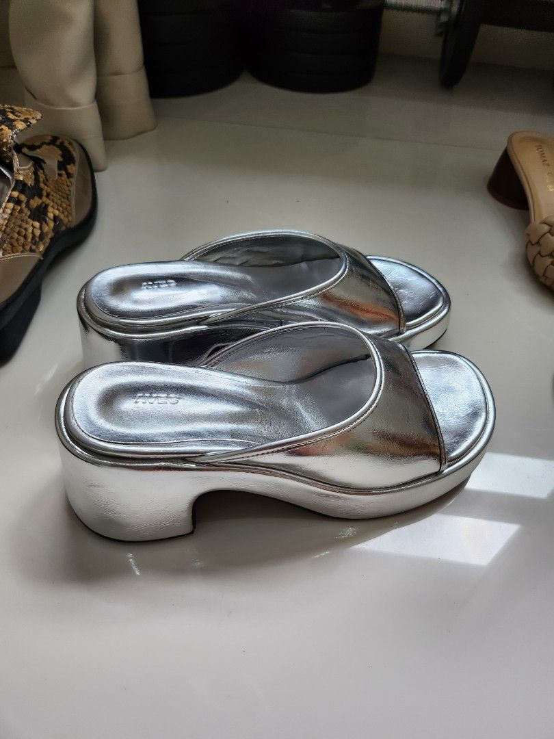 Chrome Metallic Slip On Wedge Mules Women s Fashion Footwear Wedges on Carousell