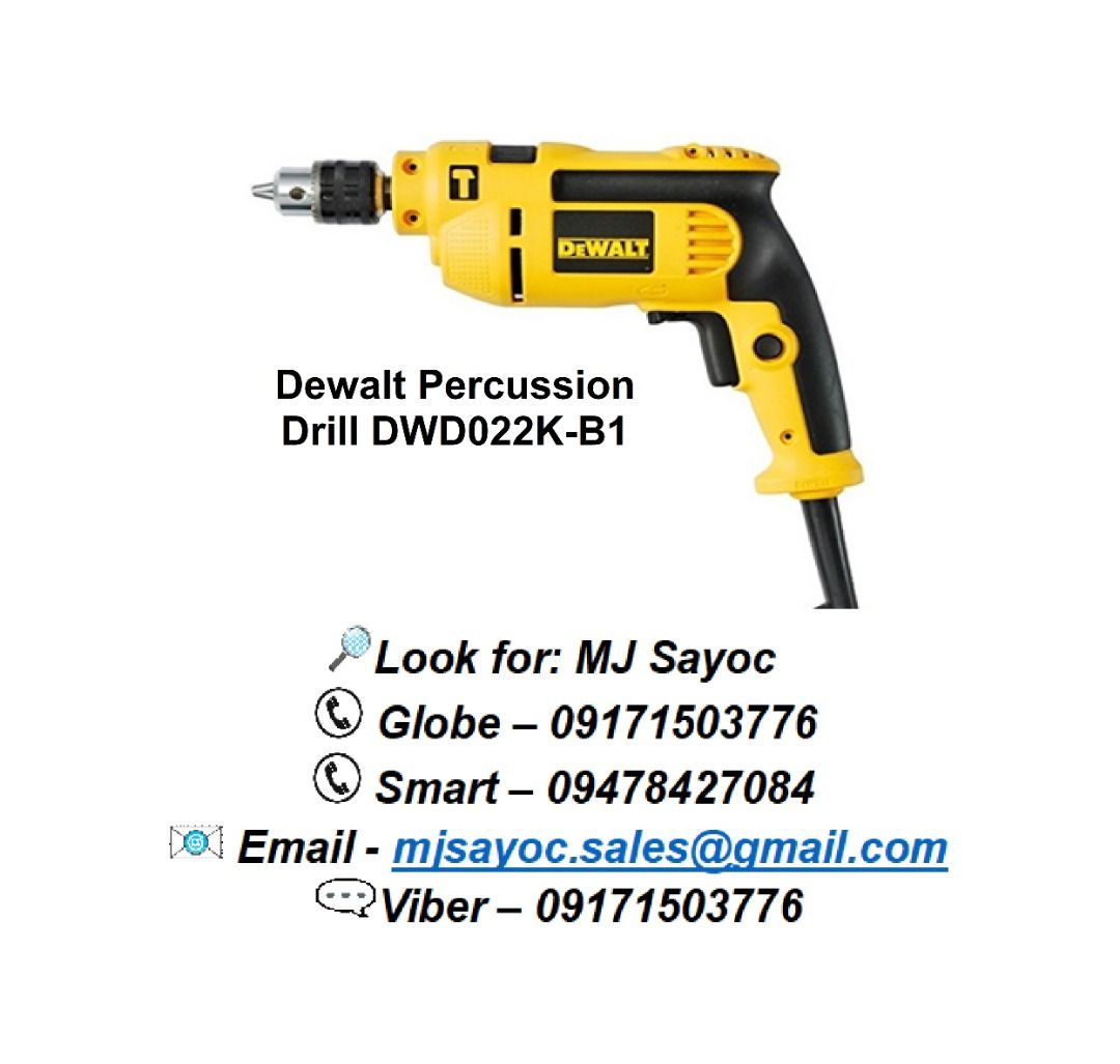 Dewalt Percussion Drill DWD022K-B1 (Category: Construction Tools & Equipment) located in Pasay City. Submitted by gryffinindustrial2023 (Listing ID 1253559367, Image 1). Description: Power Input: 550W No Load Speed: 0-2800rpm Chuck Capacity: 10mm Blows per Minute: 0-47600bpm Max Drill Cap.(Wood) 25mm Max Drill Cap.(Metal) 10mm Max Drill Cap.(Masonry) 13mm Weight: 1.3kg.
