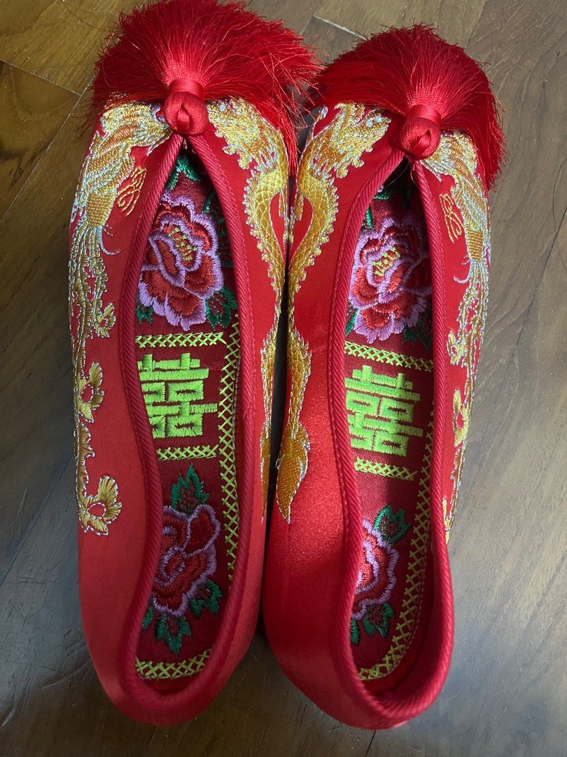A Pair of Red Color Chinese Wedding Shoes with Intricate Patterns Stock  Image - Image of fashion, girl: 195728363