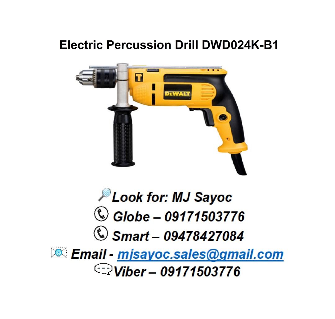 Electric Percussion Drill DWD024K-B1 (Category: Construction Tools & Equipment) located in Pasay City. Submitted by gryffinindustrial2023 (Listing ID 1253559918, Image 1). Description: Power Input: 650W No Load Speed: 0-2800rpm Chuck Capacity: 13mm Blows per Minute: 0-47600bpm Max Drill Cap.(Wood) 25mm Max Drill Cap.(Metal) 13mm Max Drill Cap.(Masonry) 16mm Weight: 1.6kg.
