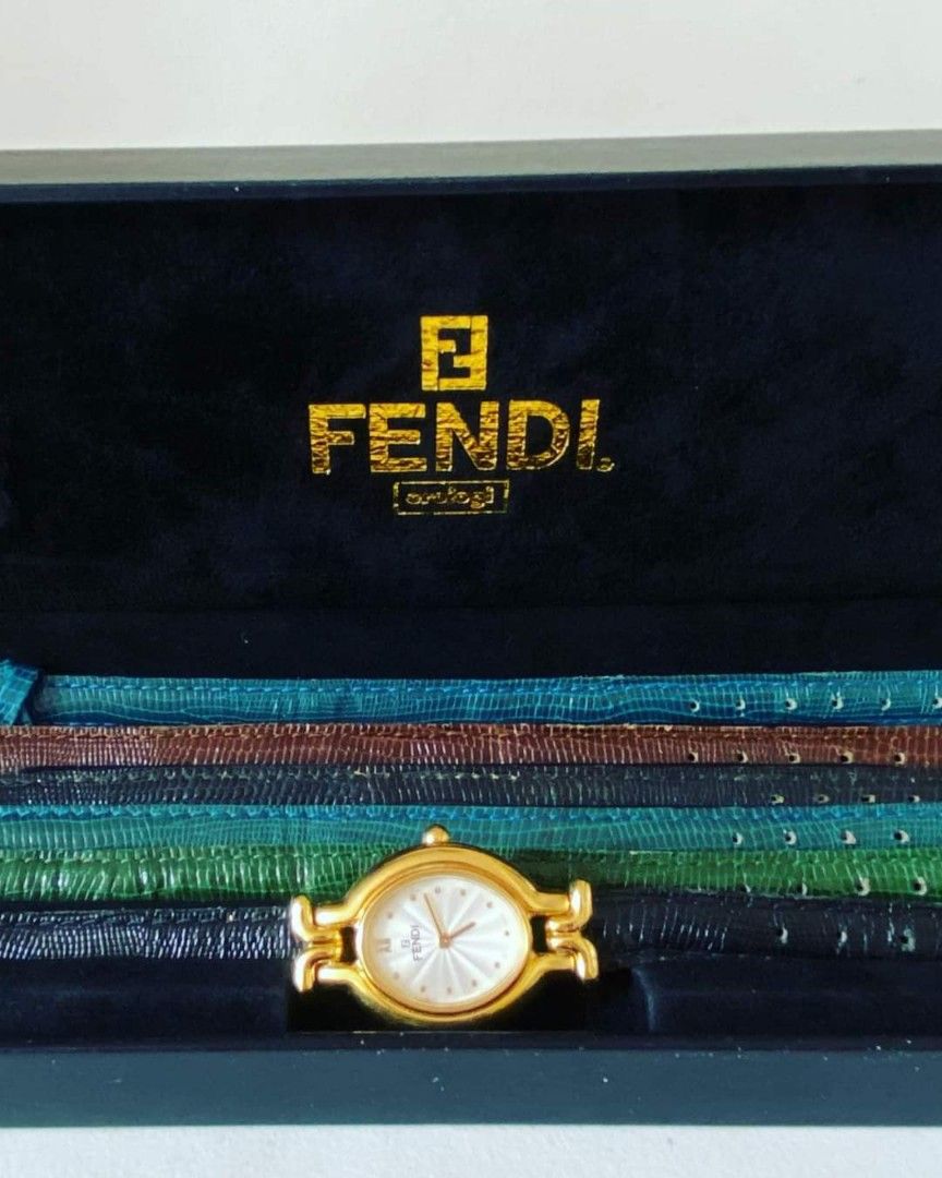 Vintage Gold Fendi Watch with Black Leather Embossed Band