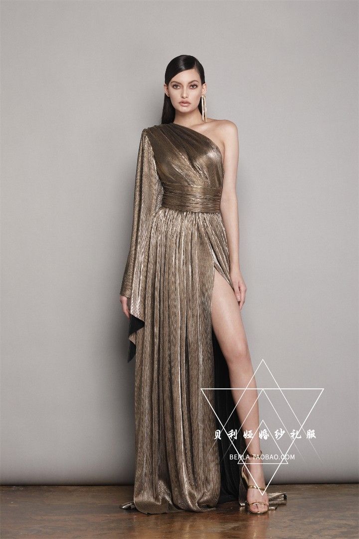 Glamorous metallic gold pleated toga evening gown prom dress sz S