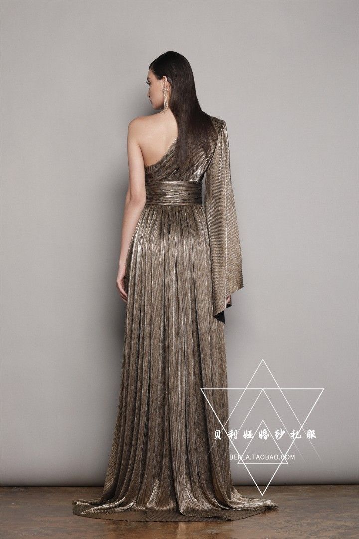 Glamorous metallic gold pleated toga evening gown prom dress sz S